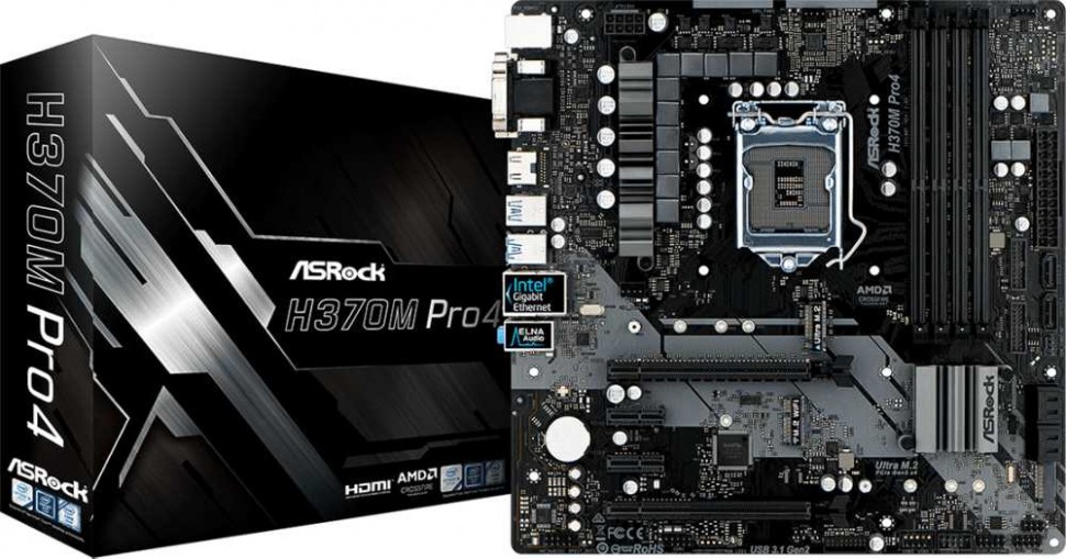 Материнская плата Asrock H370M PRO4 Soc-1151v2 Intel H370 4xDDR4 mATX AC`97 8ch(7.1) GbLAN RAID+VGA+DVI+HDMI