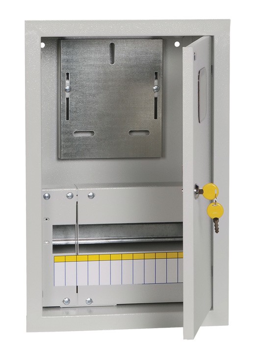 Щит распределительный IEK MKM25-V-12-31-ZO ЩУРв-1/12зо-1 36 УХЛ3 встраиваемый 320мм 165мм 480мм 12мод. металл IP31 серый с возможностью установки счетчика (упак.:1шт)