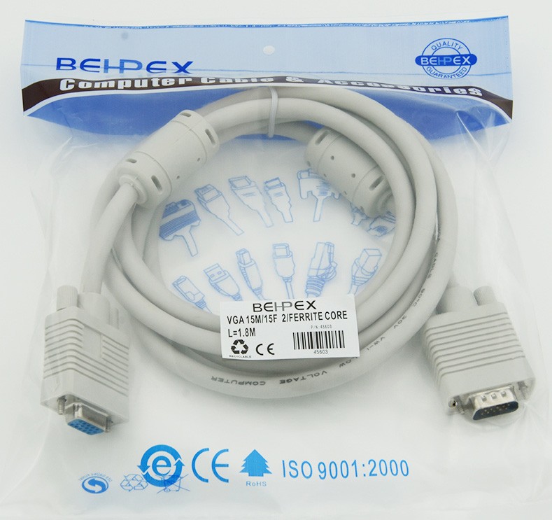 Кабель-удлинитель VGA (m) VGA (f) 1.8м феррит.кольца серый