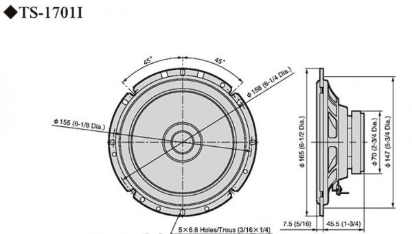 Колонки автомобильные Pioneer TS-1701I 170Вт 90дБ 4Ом 17см (6 3/4дюйм) (ком.:2кол.) широкополосные однополосные