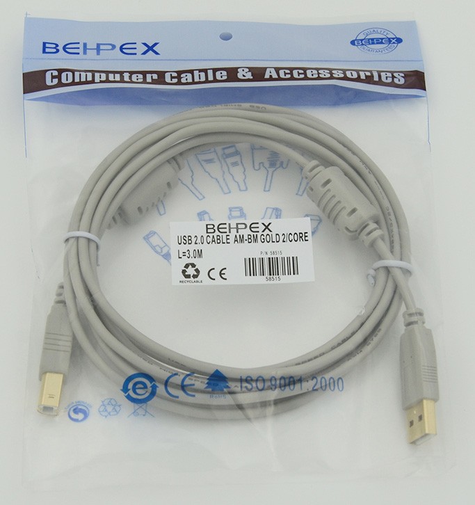 Кабель USB A(m) USB B(m) 3м феррит.кольца серый