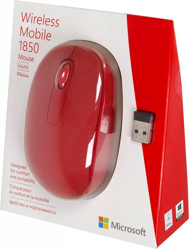 Мышь Microsoft Mobile Mouse 1850 красный оптическая (1000dpi) беспроводная USB для ноутбука (2but)