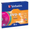 Диск DVD-R Verbatim 4.7Gb 16x Slim case (5шт) Color (43557)